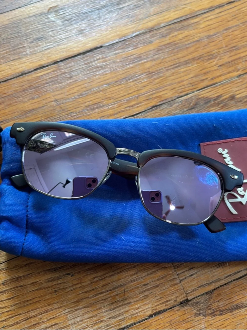 Ray-Ban junior Clubmaster Black Frame Sunglasses with Purple mirror Lenses